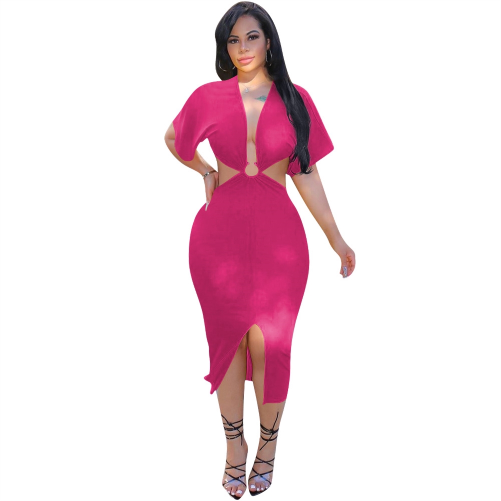 Solid Color Deep-V O-Ring Long Party Dress