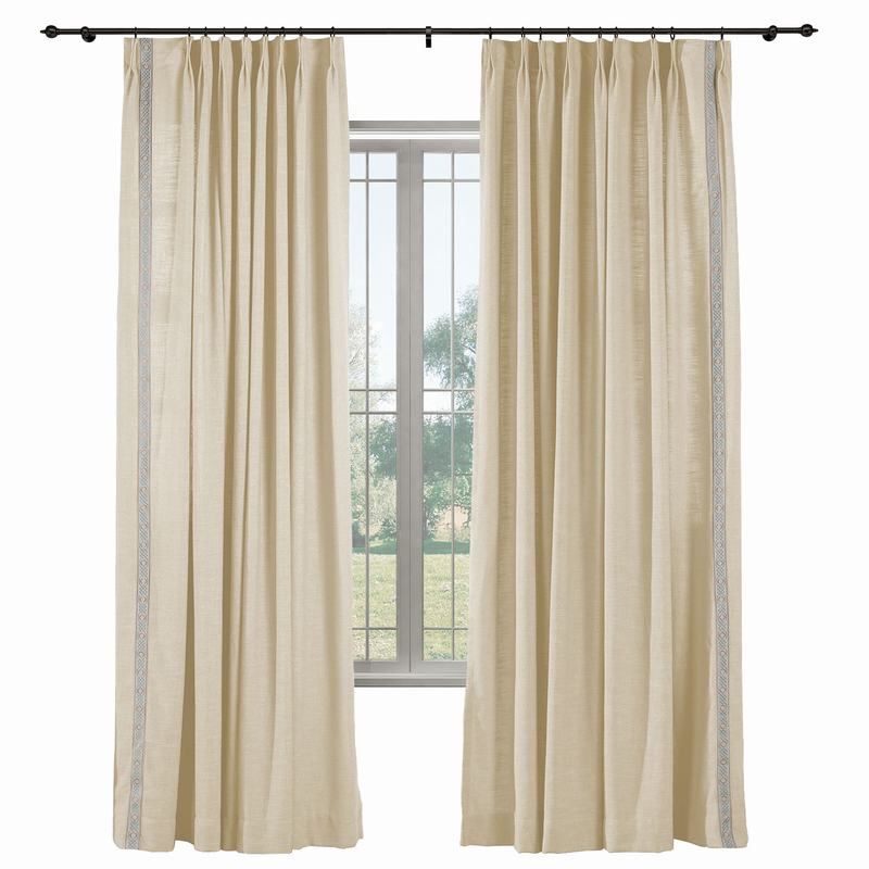 AMARA Polyester Linen Curtain Drapery With Decorative Trim Custom Sold Per Pair