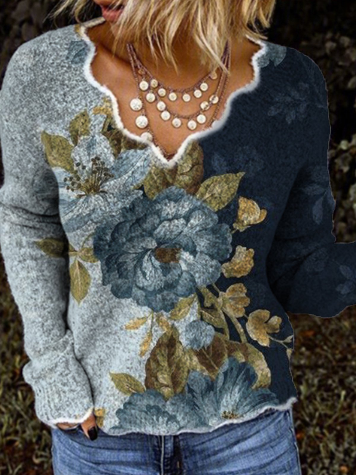 Long Sleeve Crew Neck Floral Boho Shirts & Tops