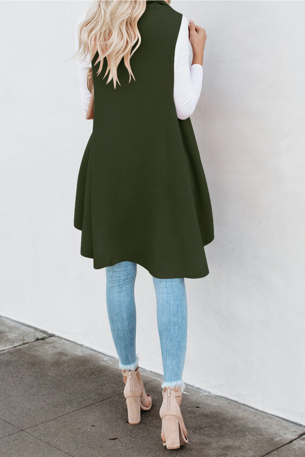 绿色无袖中长款开襟垂褶马甲外套