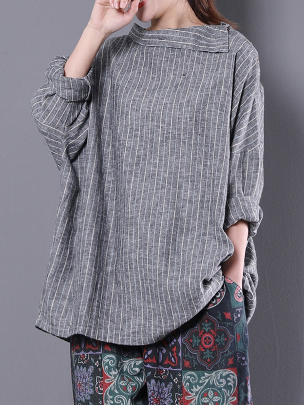 Shawl Collar Stripes Long Sleeve Blouse