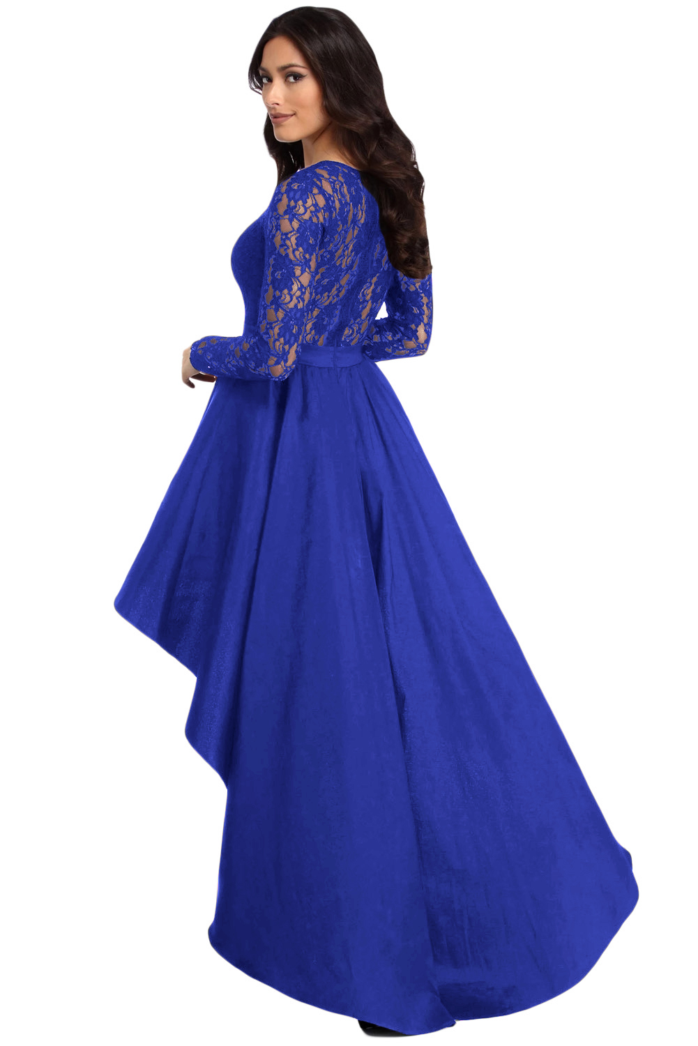 Royal Blue Long Sleeve Lace High Low Satin Prom Dress
