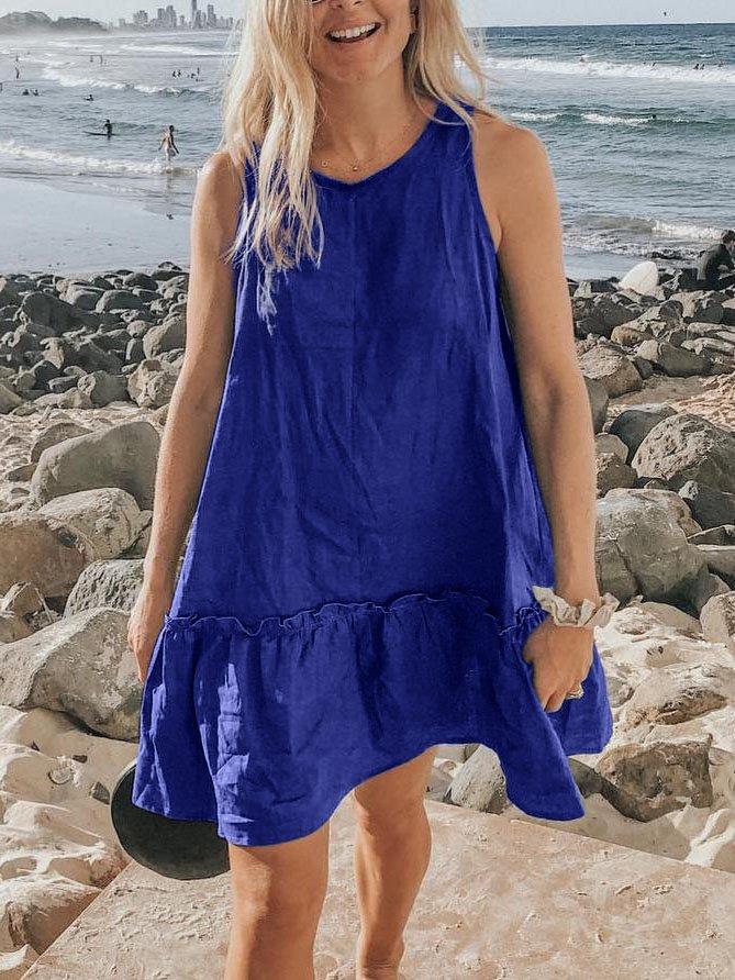 Army Green Solid Round Neck Cotton-Blend Casual Dresses