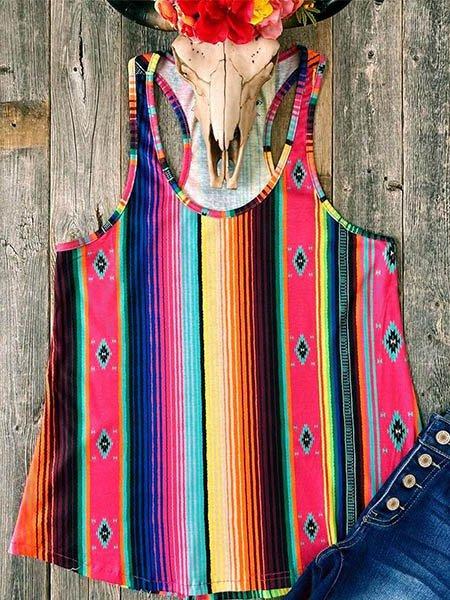 Red Round Neck Stripes Sleeveless Cotton Vests