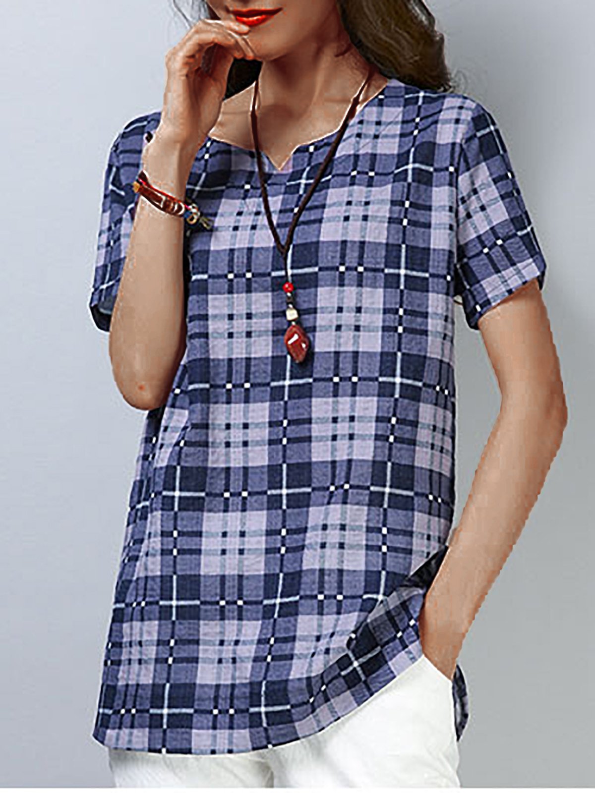 Plus Size Women Loose Cotton Plaid Short Sleeve Casual Tops