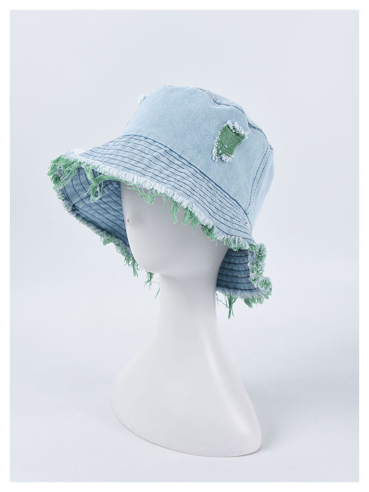 Hat female color hole denim fisherman hat Korean casual wild fringe basin hat tide couple sunscreen sun hat BU2079