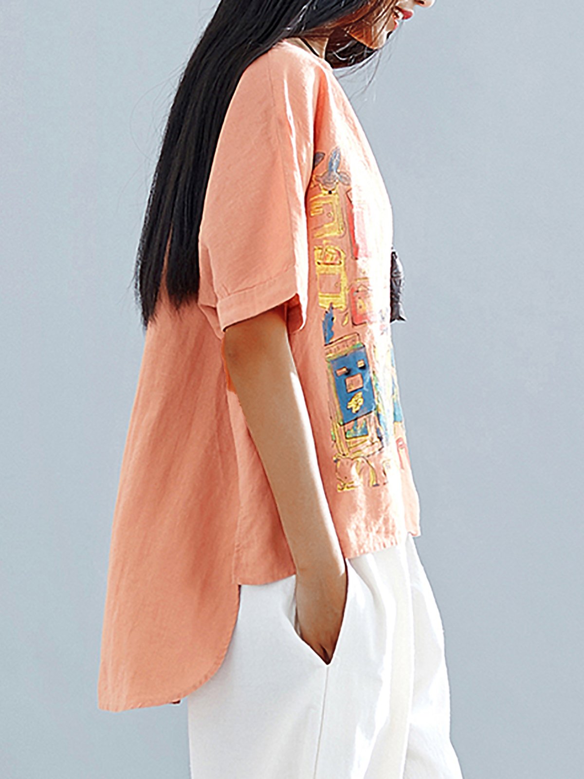 Plus Size  Women  Cotton And Linen Floral  Short  Sleeves Round Neck  Casual  Tops