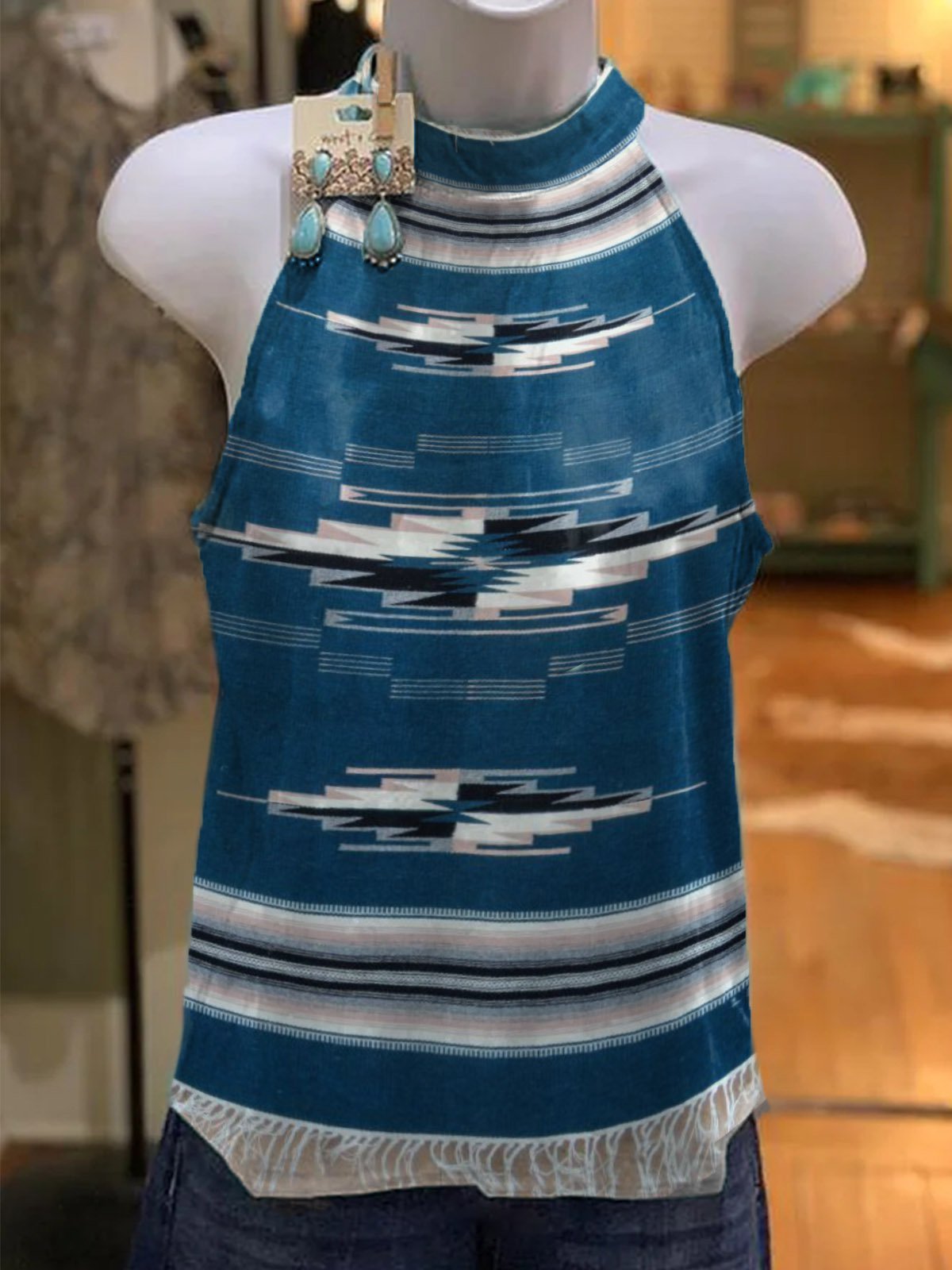 Cotton-Blend Halter Tribal Cold Shoulder Shirts & Tops