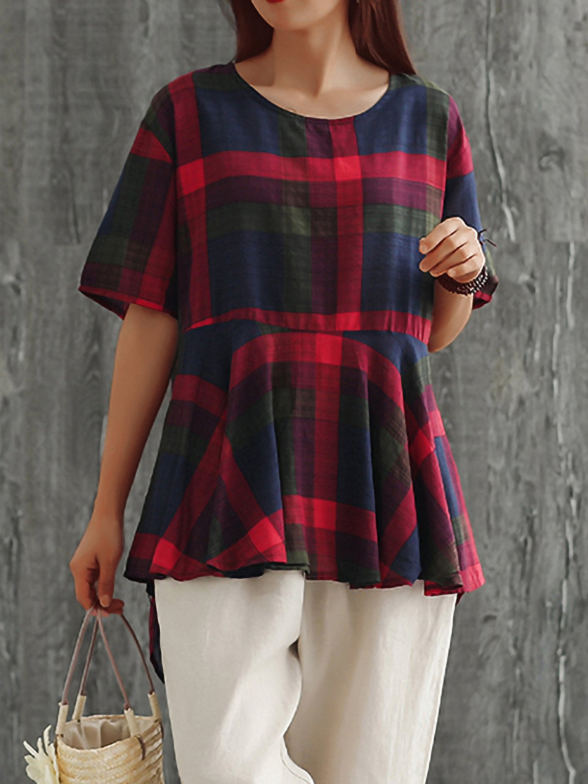 Plus Size Women Loose Cotton And Linen Round Neck Short Sleeve Floral Casual Tops