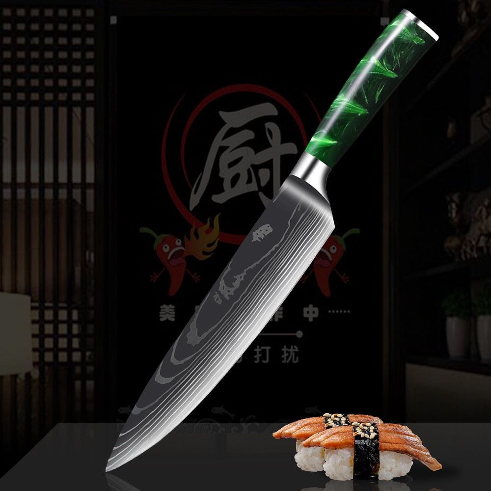 1-10 Pcs Chef Knife Set Kitchen Knives Laser Damascus Pattern Sharp Japanese Santoku Knife