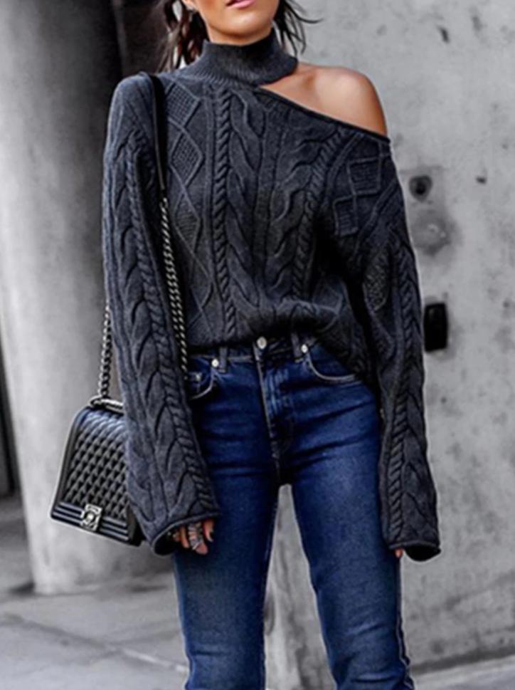 Twisted High Neck Pullover Off-The-Shoulder Knitted Sweater