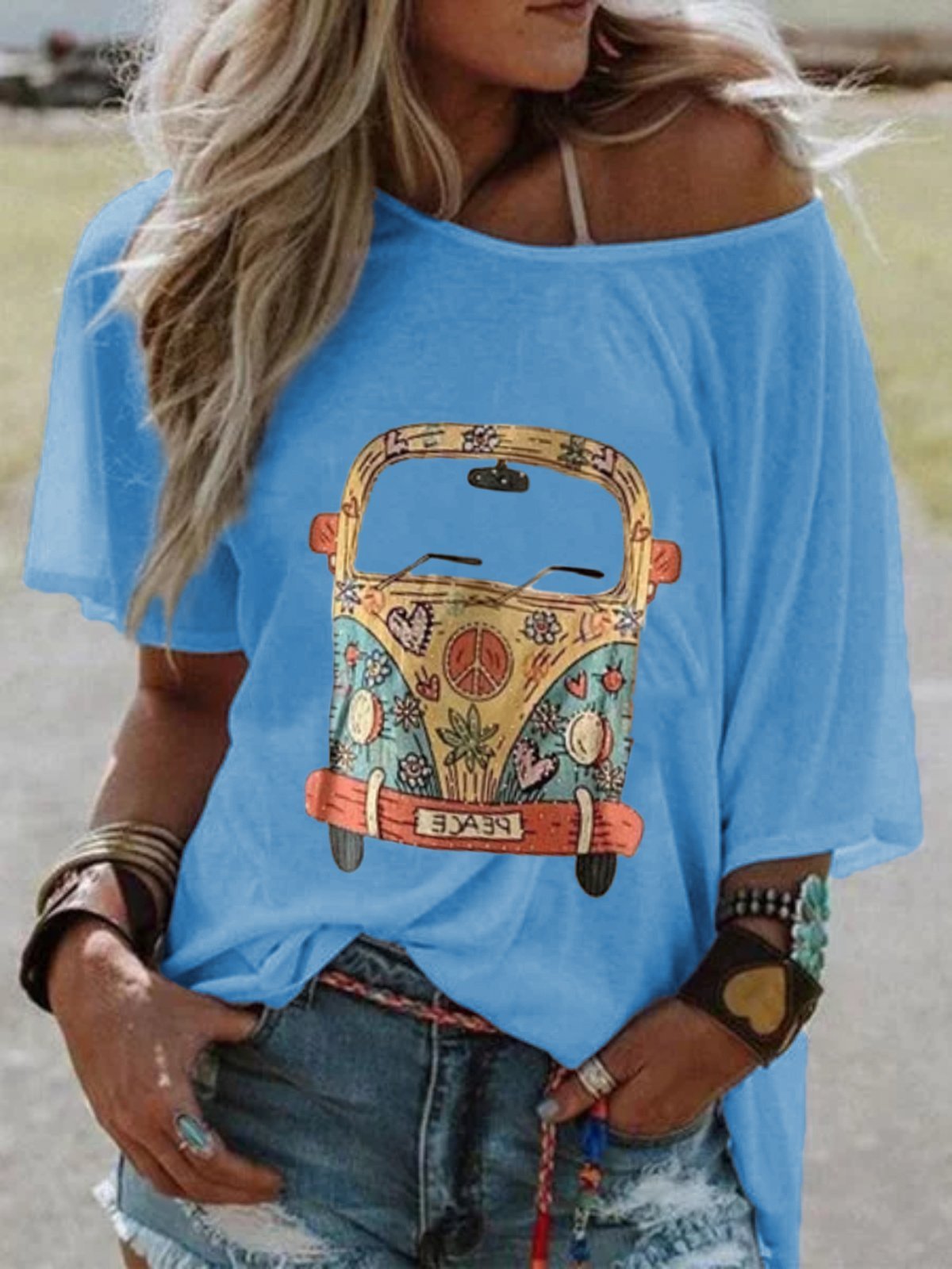 Plus Size Women Short Sleeve Round Neck Vintage Car Floral Casual Tops