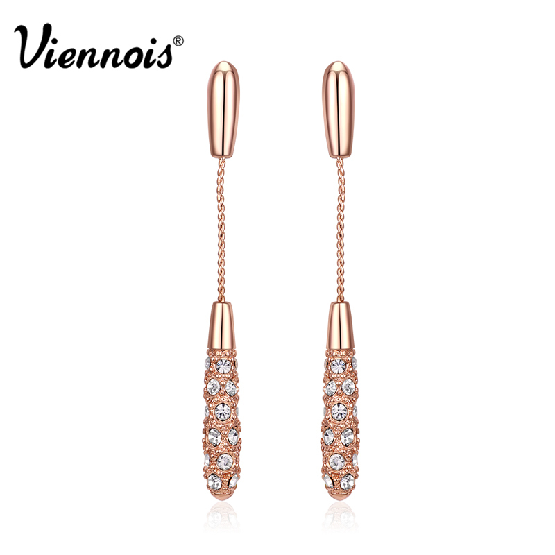 Hot Viennois Fashion Jewelry Luxury Vintage Long Drop Earrings Rhinestone Silver & Rose Gold Plated Dangle Earrings for Woman