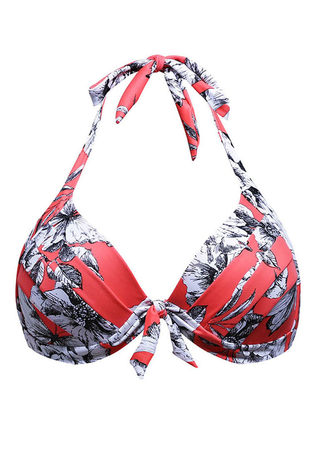 Floral Print Reddish Retro Tie Front Bikini Top