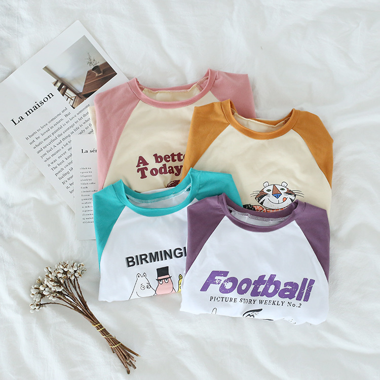 Toddler Girl Slogan and Print Cartoon Tee Color Matching Cotton Long Sleeve T-shirt