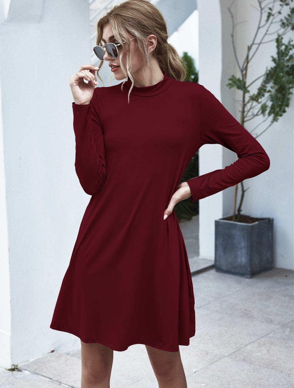 Autumn Plain A-Line Pocket Shirt Dress
