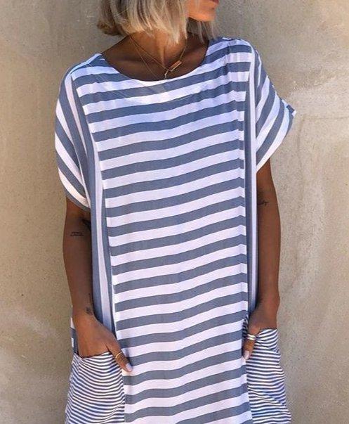 Plus Size Casual Stripes Short Sleeve Pockets Crew Neck Dresses