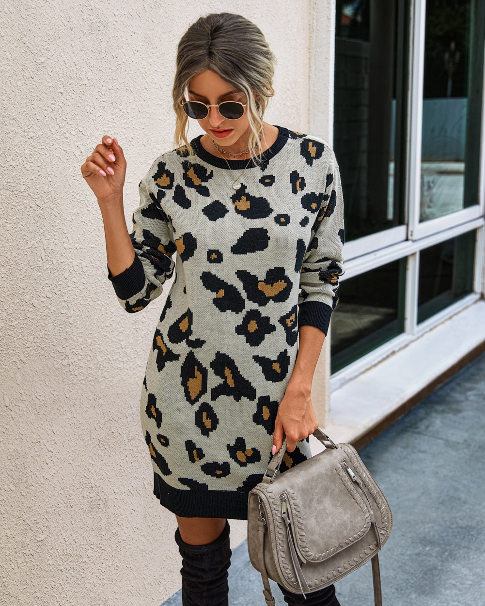 Falls Round Neck Leopard Knit Dress