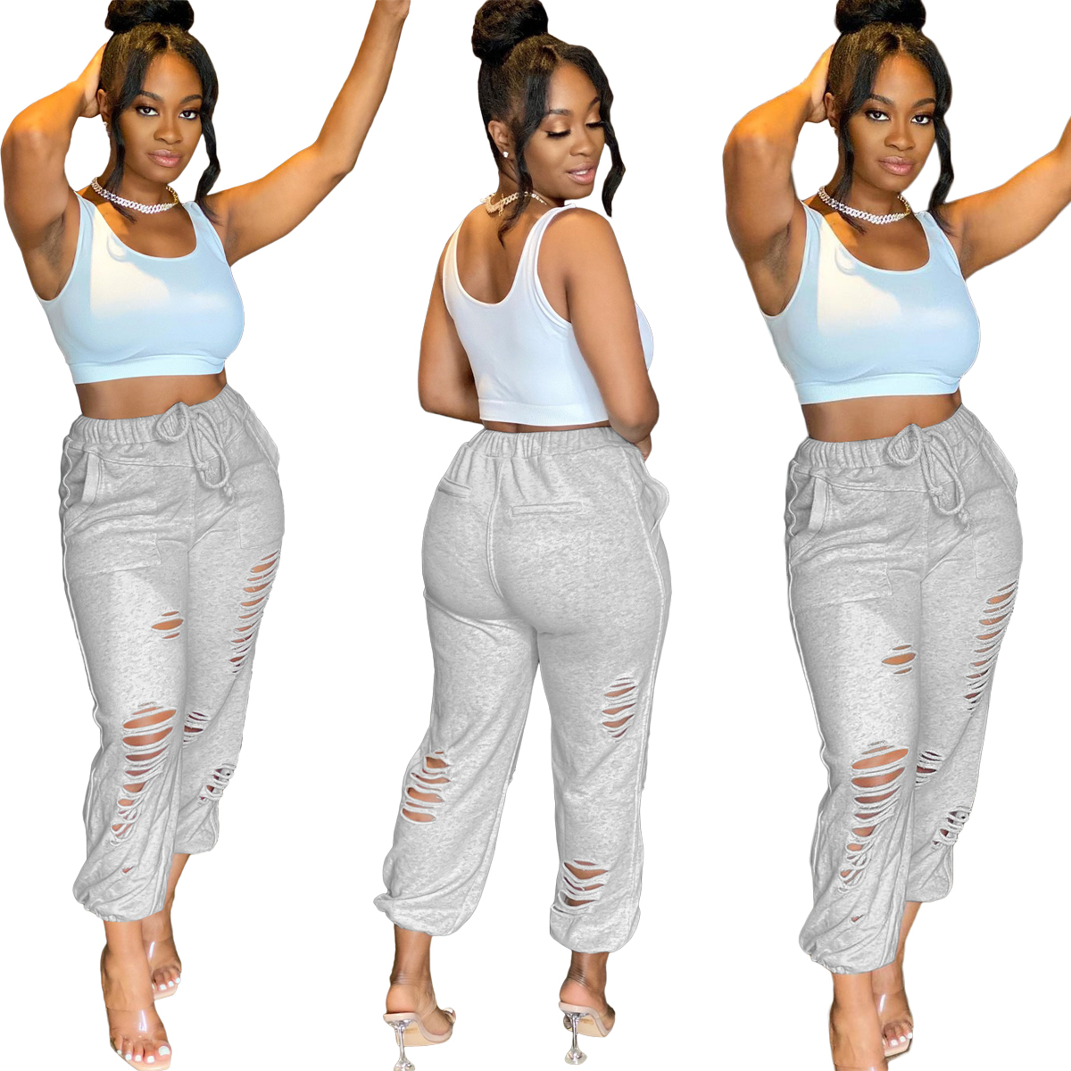 Autumn Casual Ripped Drawstrings Track Pants