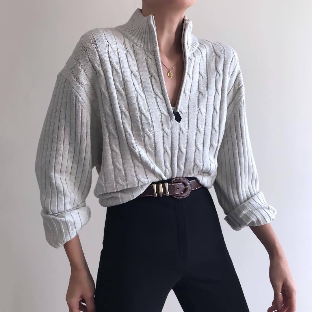 Casual Zipper Short High Collar Twist Knit Rib Pullover Sweater