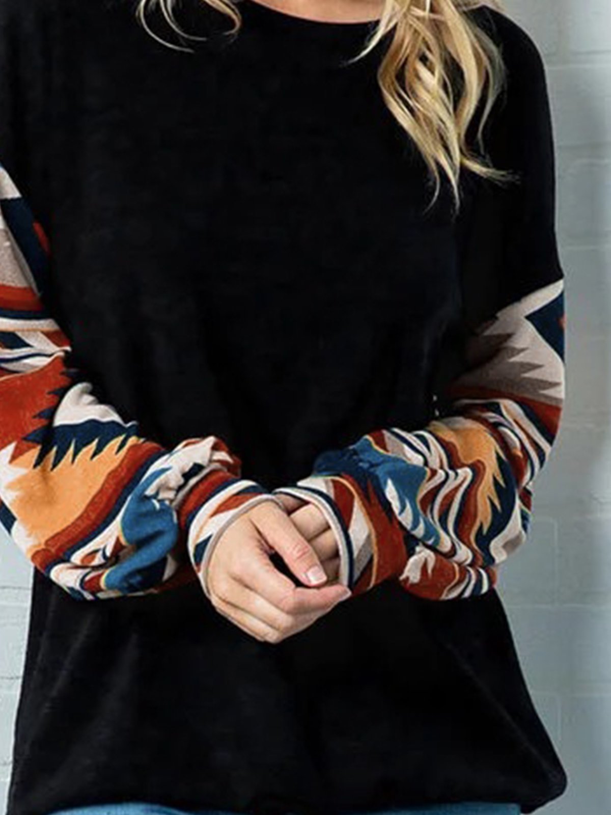 Plus Size Cotton-Blend Tribal Long Sleeve Vintage Shirts & Tops