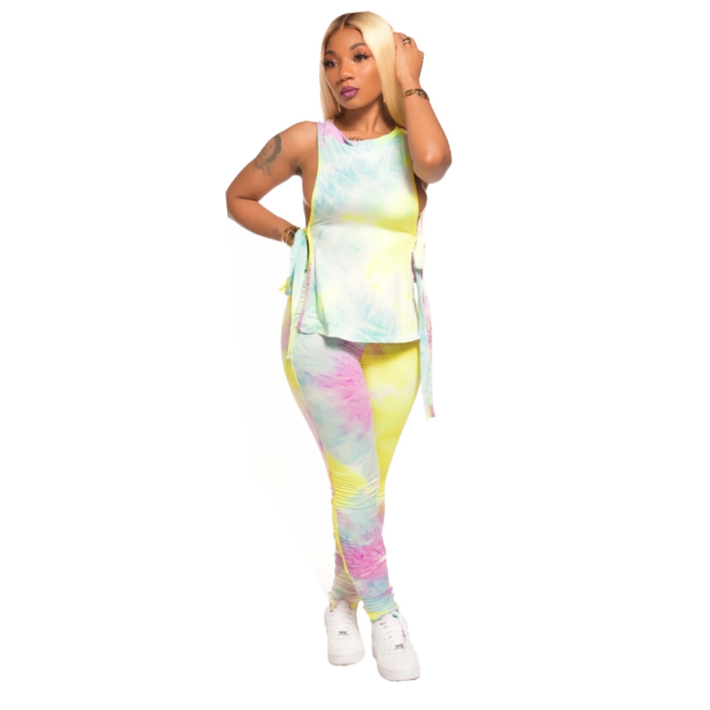 Sexy Tie Dye Knotted Shirt and Stacked Pants Set