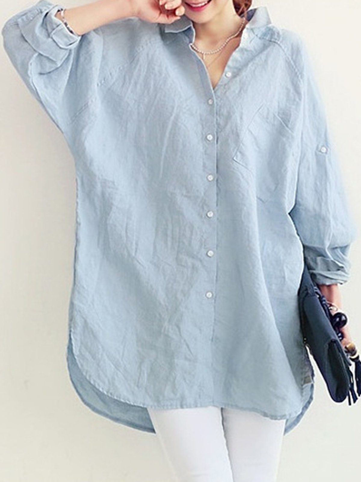 Solid Shirt Collar Linen Casual Blouse