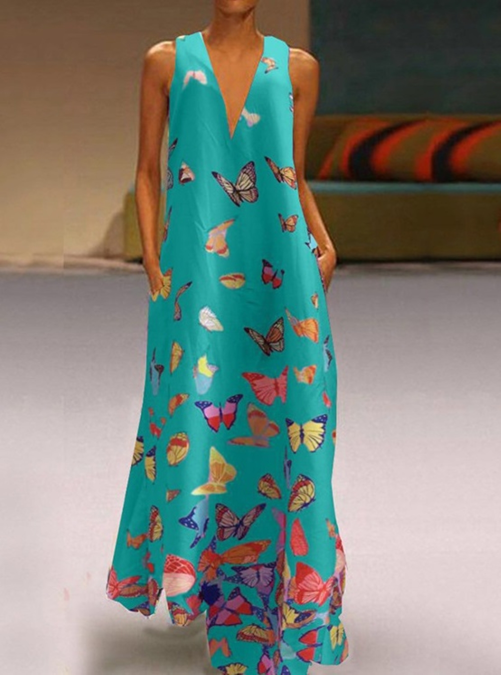 Butterfly Print Sleeveless Long Boho Dress