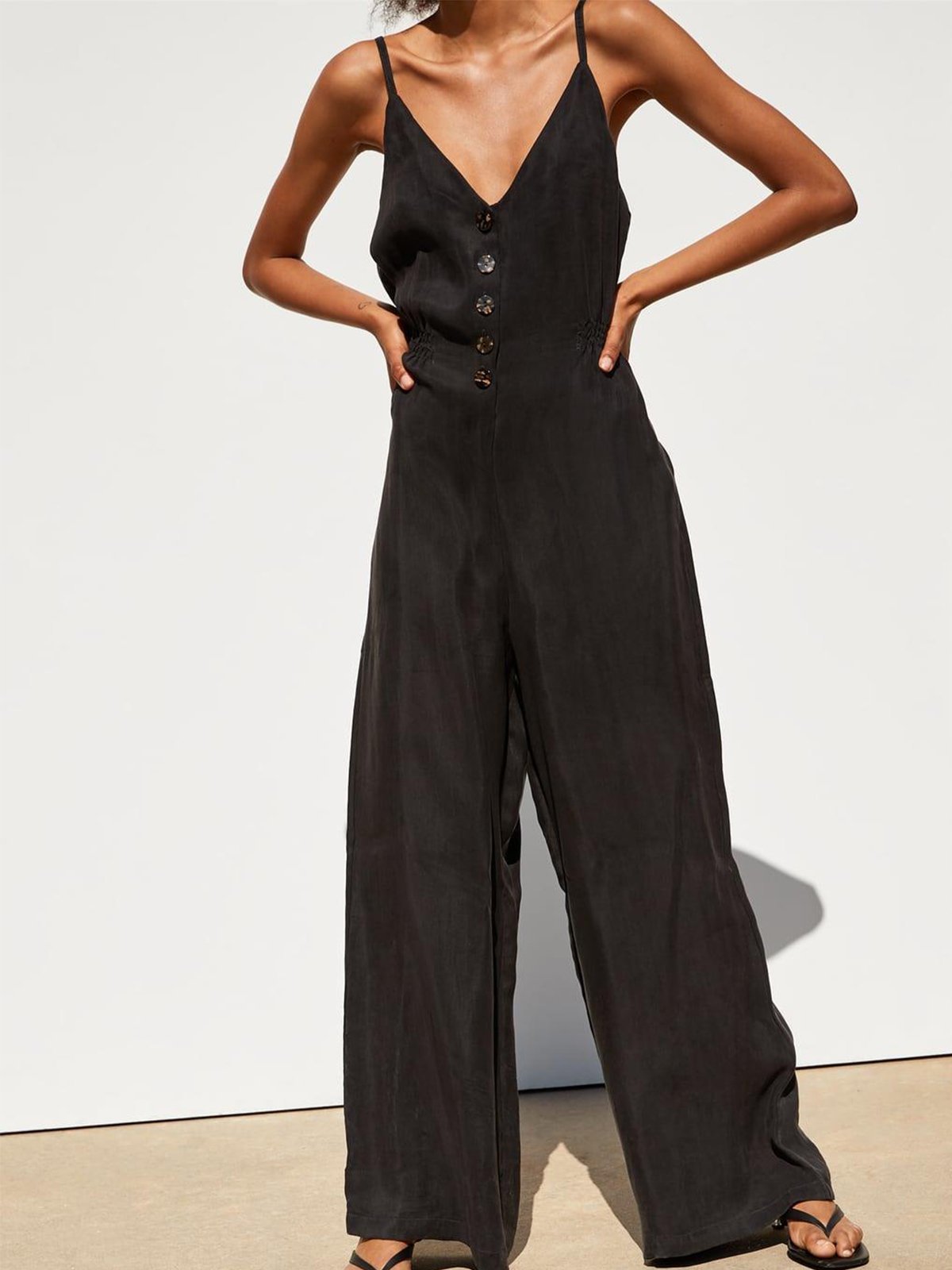 Black V Neck Buttoned Sexy Cotton-Blend Pants
