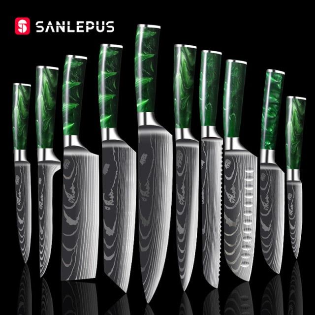 1-10 Pcs Chef Knife Set Kitchen Knives Laser Damascus Pattern Sharp Japanese Santoku Knife