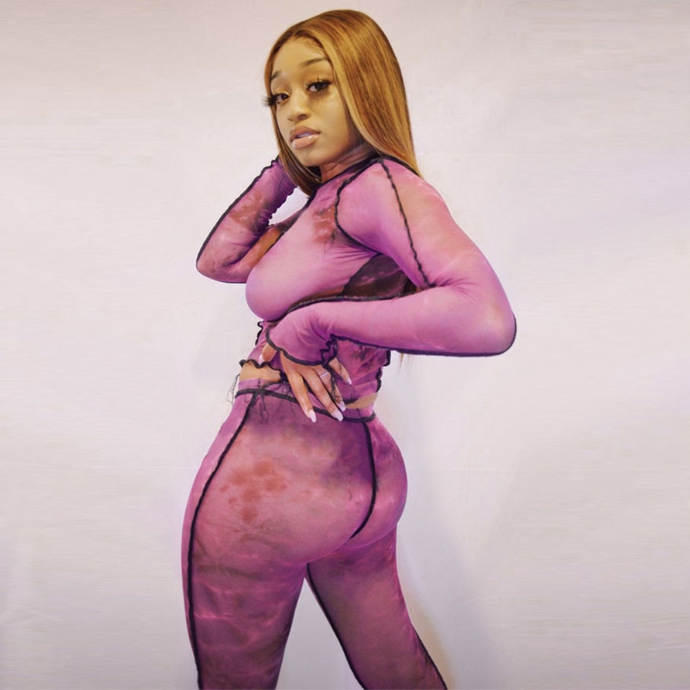 Autumn Matching Tie Dye Sexy See Through Shirt and Pants Set