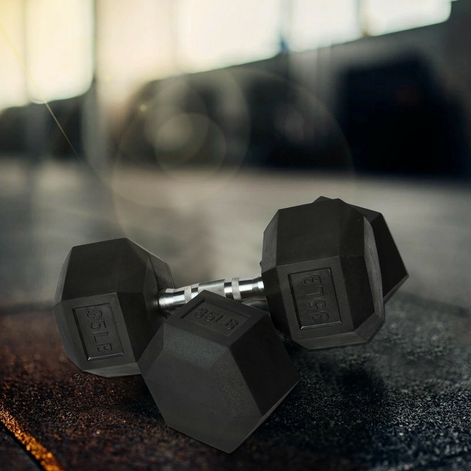 10Pair Rubber Dumbbells 5-50 lb with Dumbbells Rack Hexagonal Home Gym Equipment