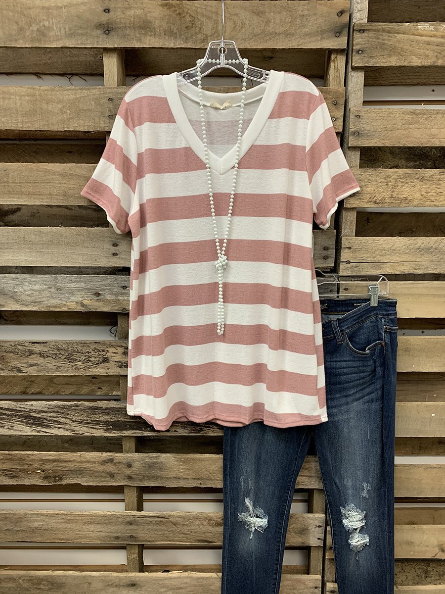 Pink-White Short Sleeve Shift Cotton-Blend Casual Tee