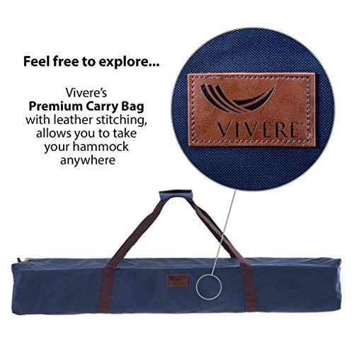 Vivere Double Hammock with Space Saving Steel Stand, Natural (450 lb Capacity – Premium Carry Bag Included)