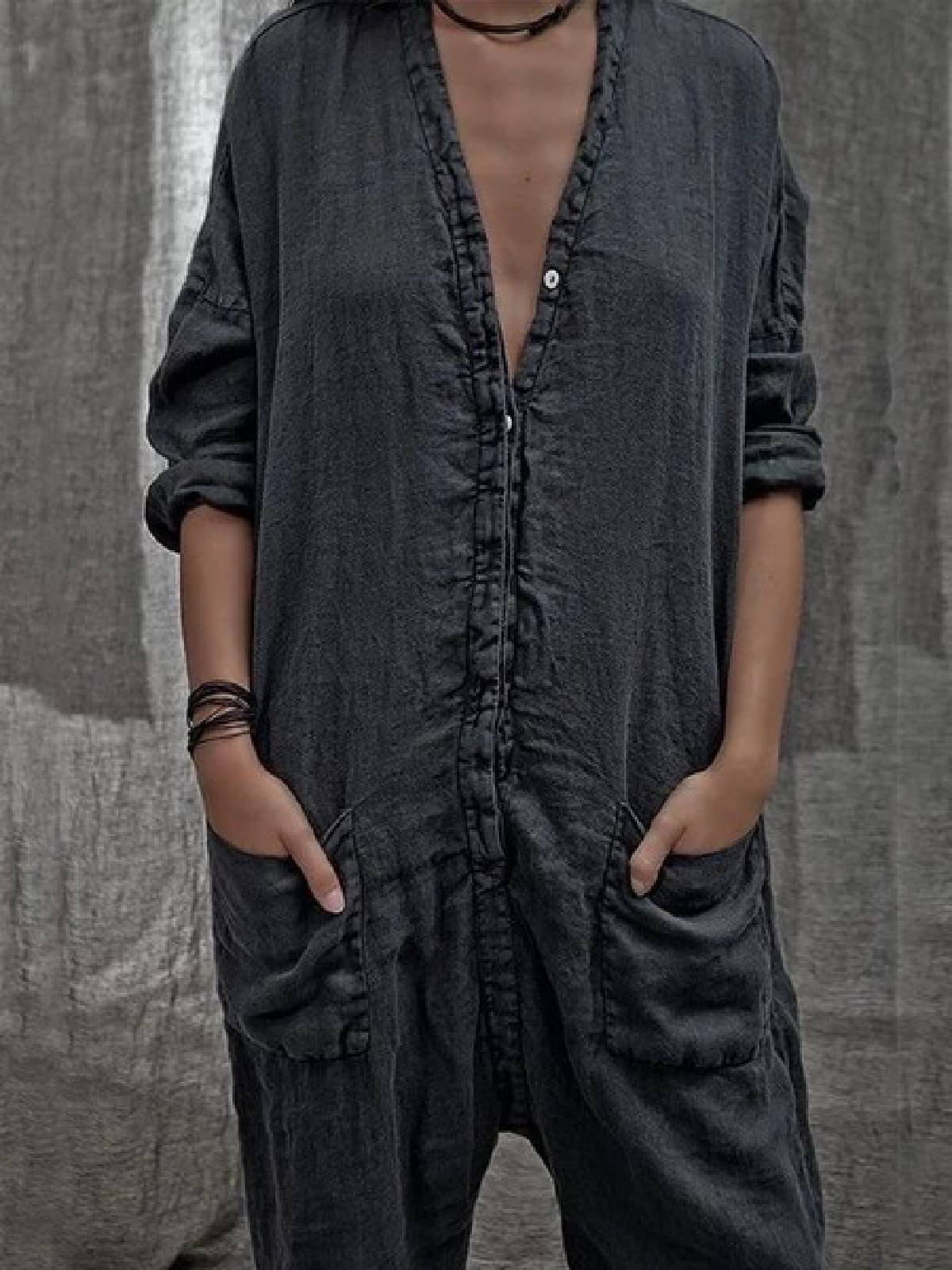 Casual Long Sleeve V Neck Solid Plus Size Bat Sleeve Rompers With Pockets