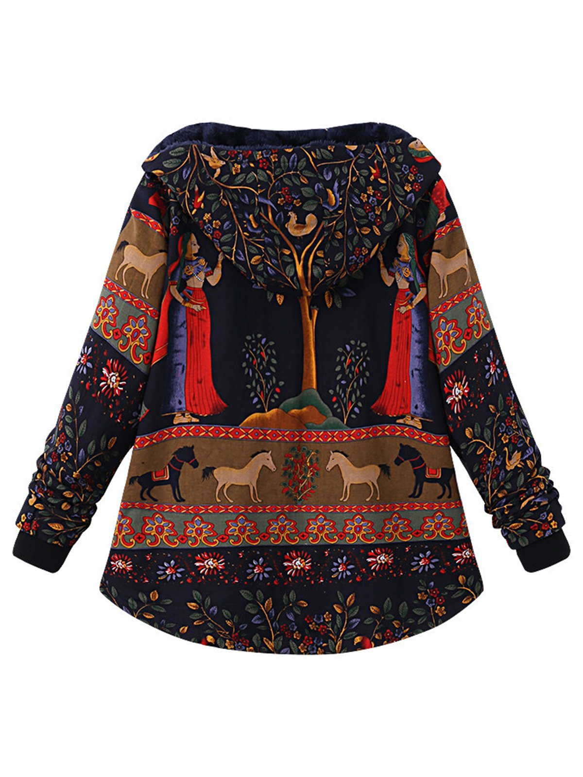 Fleece-lined Long Sleeve Hoodie Printed  Coat