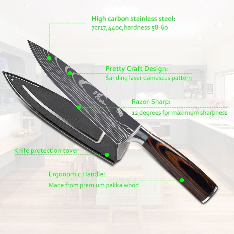 Kitchen knives Set Professional Chef Knives Stainless Steel Imitation Damascus Pattern Santoku Cleaver Slicing Utility Knives