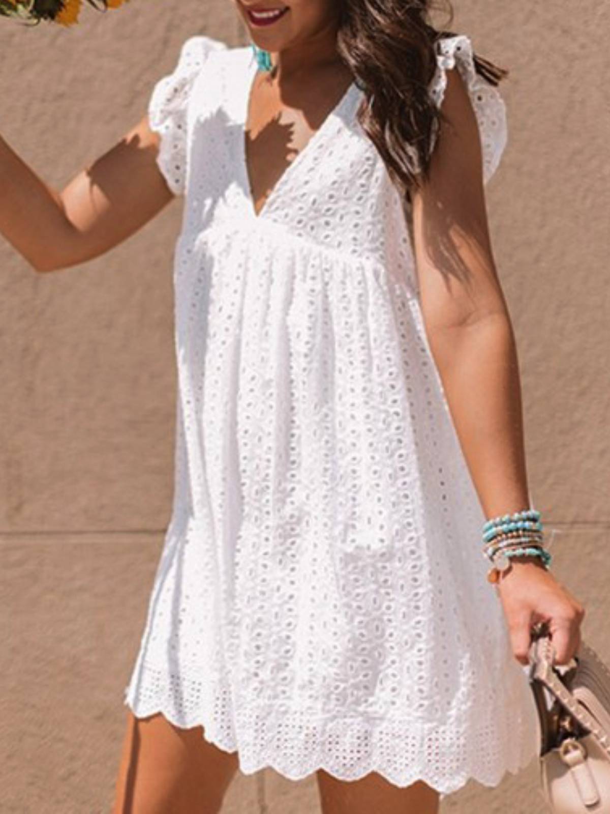 White Sleeveless Plain Cotton-Blend Dresses