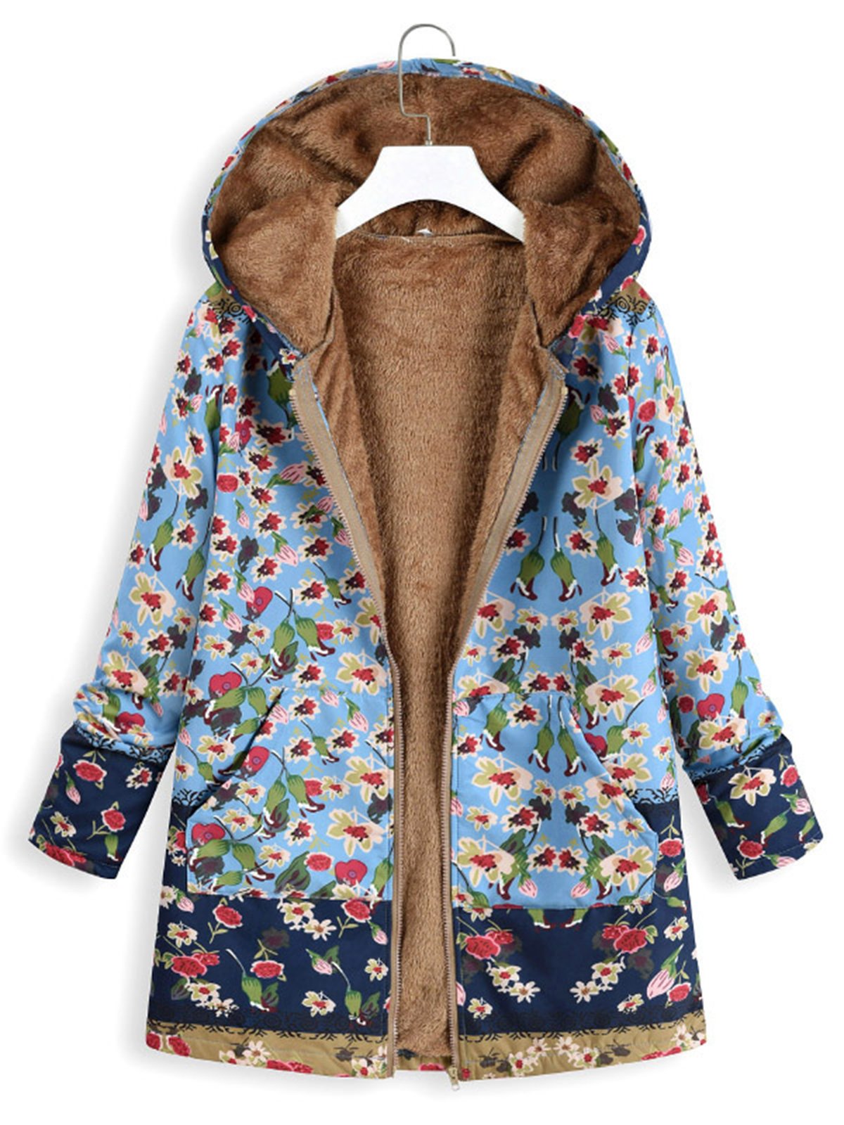 Stylish Floral Women's  Pockets Winter Plus Size Coat With Hoodie