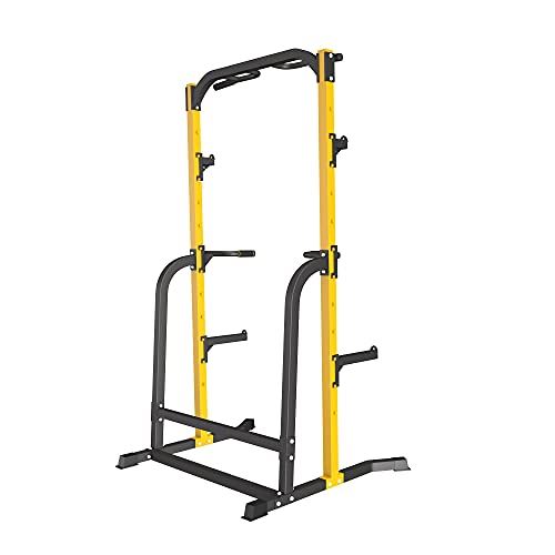 ZENOVA Power Rack Squat Rack Fitness Pull Up Bar Station Weightlifting Barbell Rack with J-Hooks, Dip Bar (Yellow)