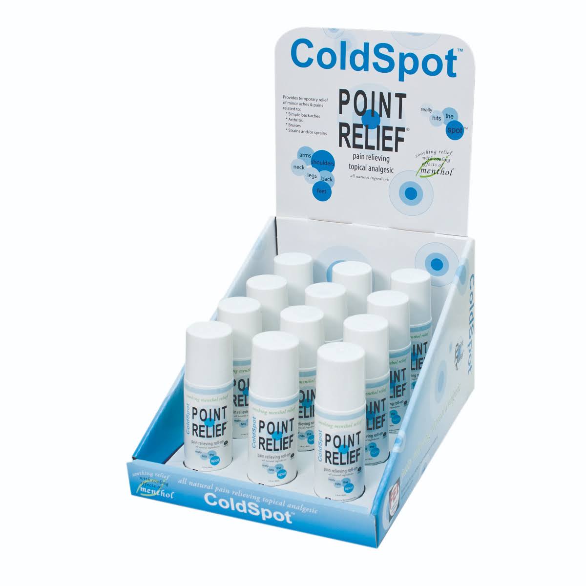 Point Relief ColdSpot Lotion - Retail Display with 12 x 3 oz Roll-On Applicator