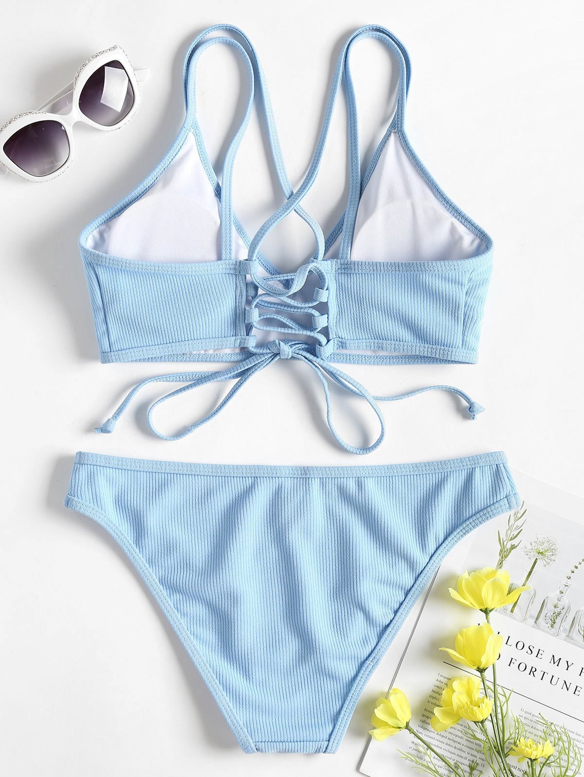 Cross Back Lace Up Bikini Set - Light Sky Blue
