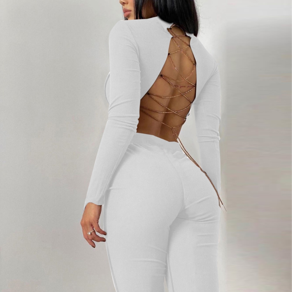 Solid Color Lace-Up Back Crop Top and High Waist Pants Set