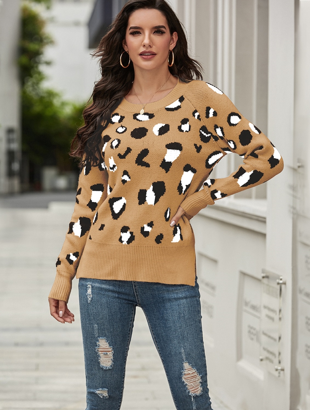 Fall Regular O Neck Leopard Pullover Sweater