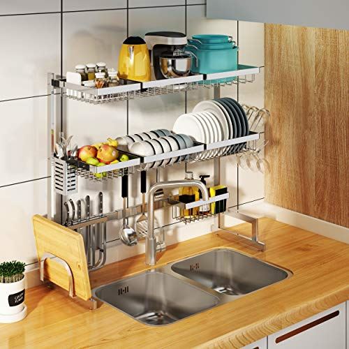 3 Tier Adjustable Over Sink Dish Drying Rack, Large Dish Drainer for Kitchen