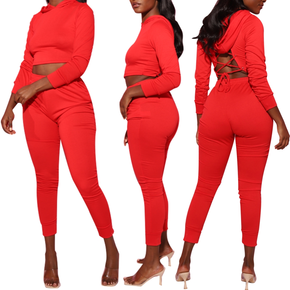 Autumn Sexy Lace Up Hoodie Crop Top and Pants Set