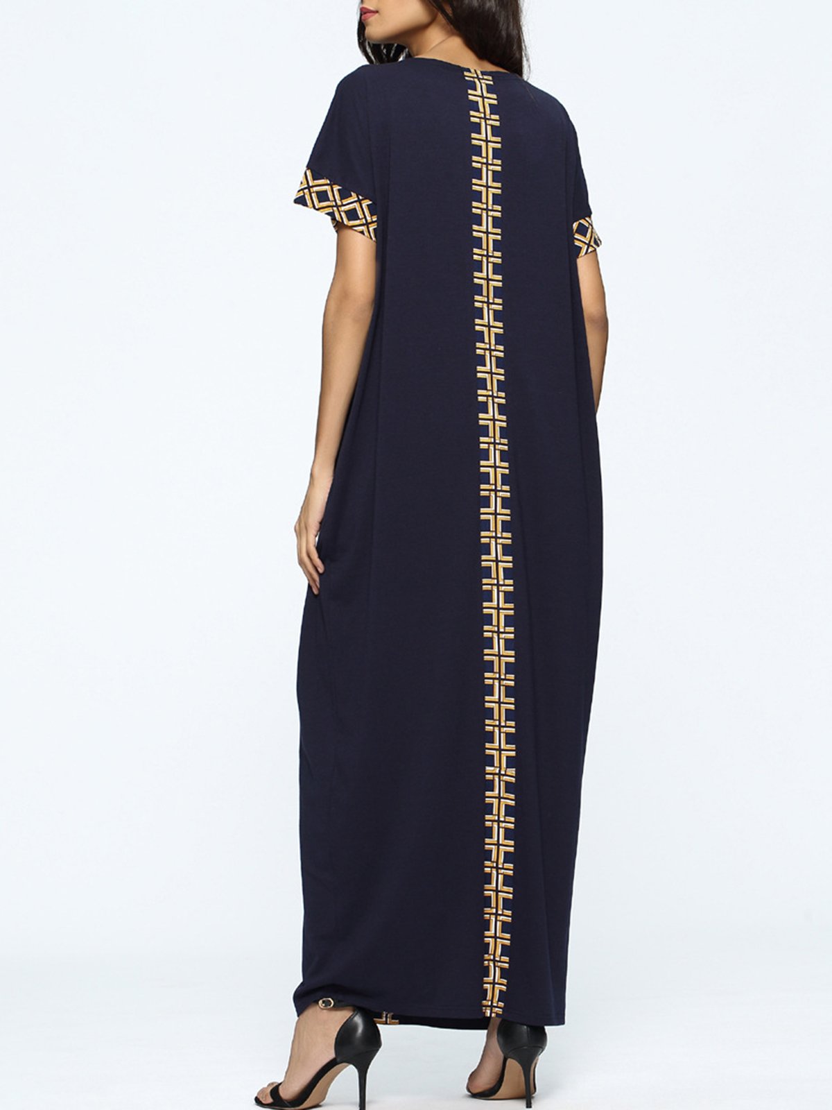 Navy Blue Tribal Crew Neck Casual Pockets Dress