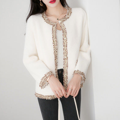 时尚小香风仿貂绒针织开衫2021秋冬季新款女装时尚撞色毛衣外套