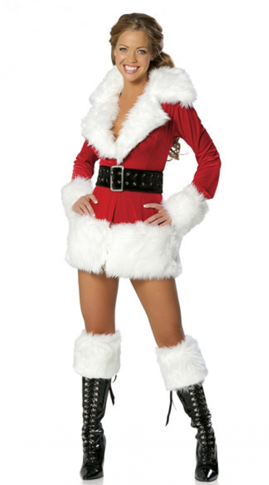 Women Fur Long Sleeves Santa Costume Sexy Santa Costume