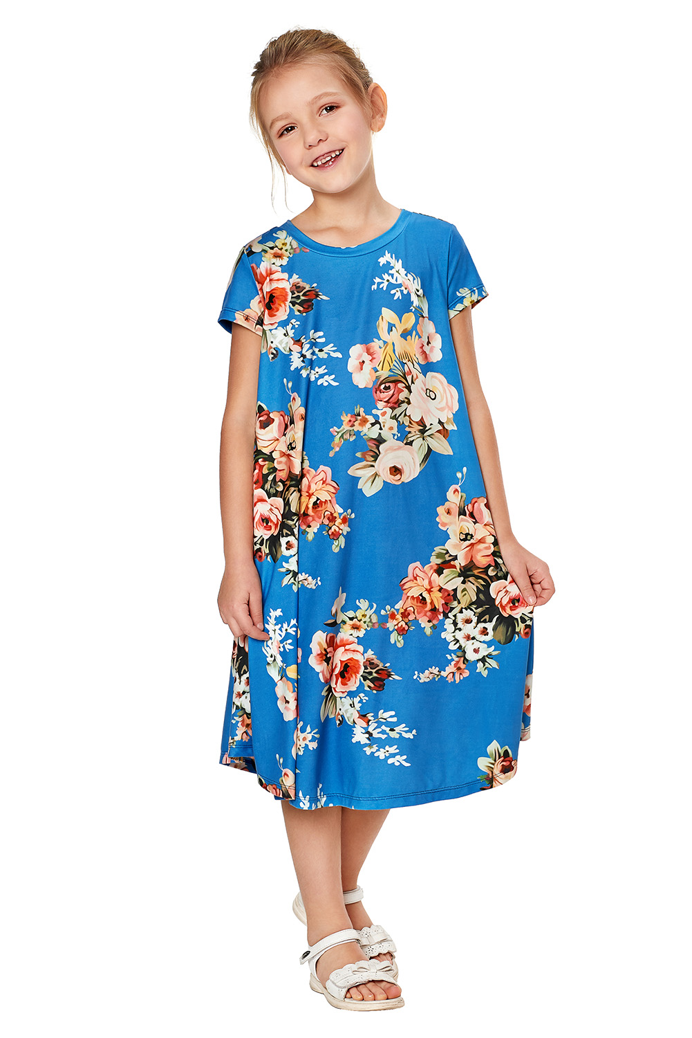 Blue Short Sleeve Floral Print Toddler Dress